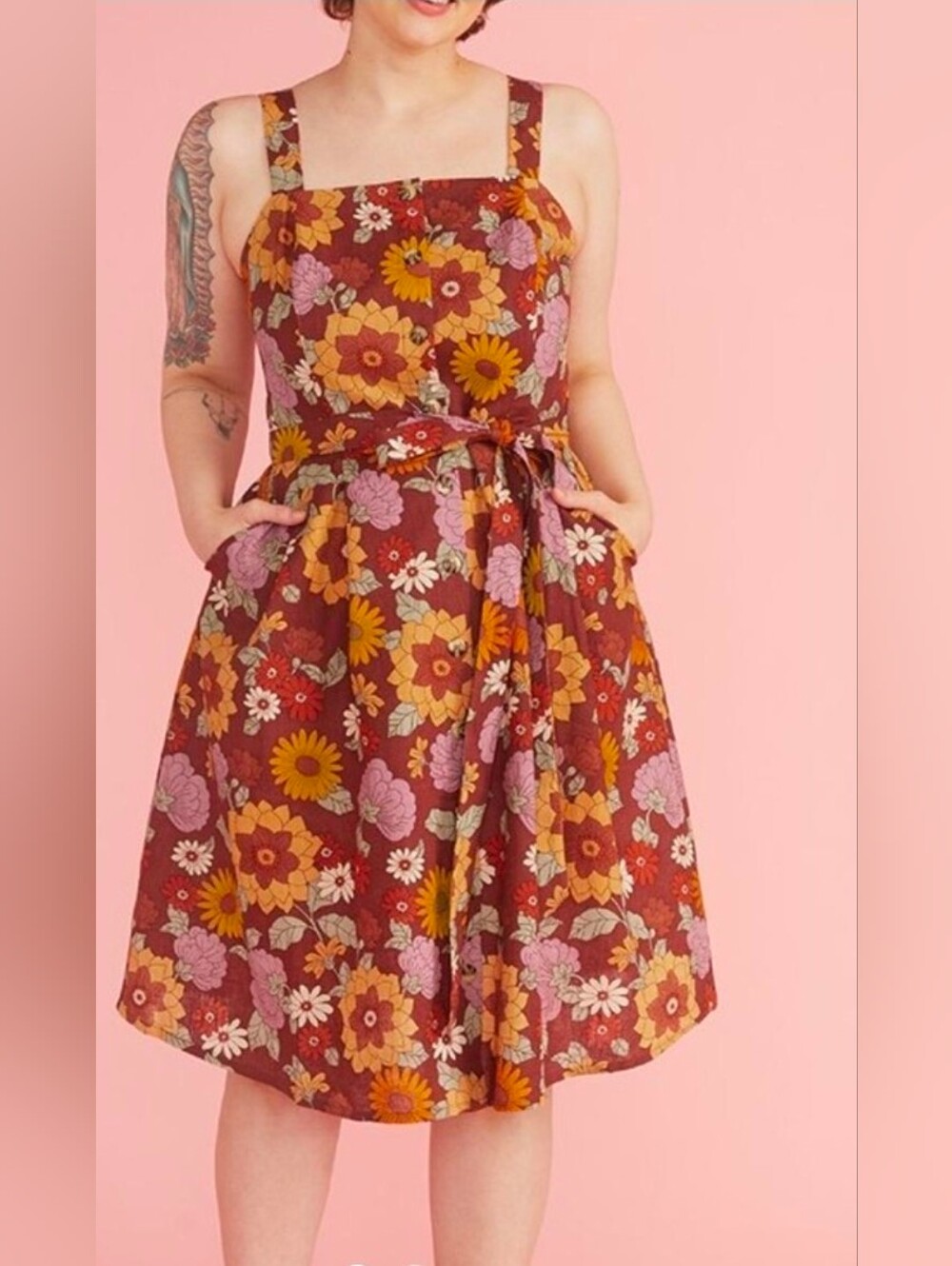 Modcloth X Princess Highway Rust Floral Midi Dress with Tie Waist